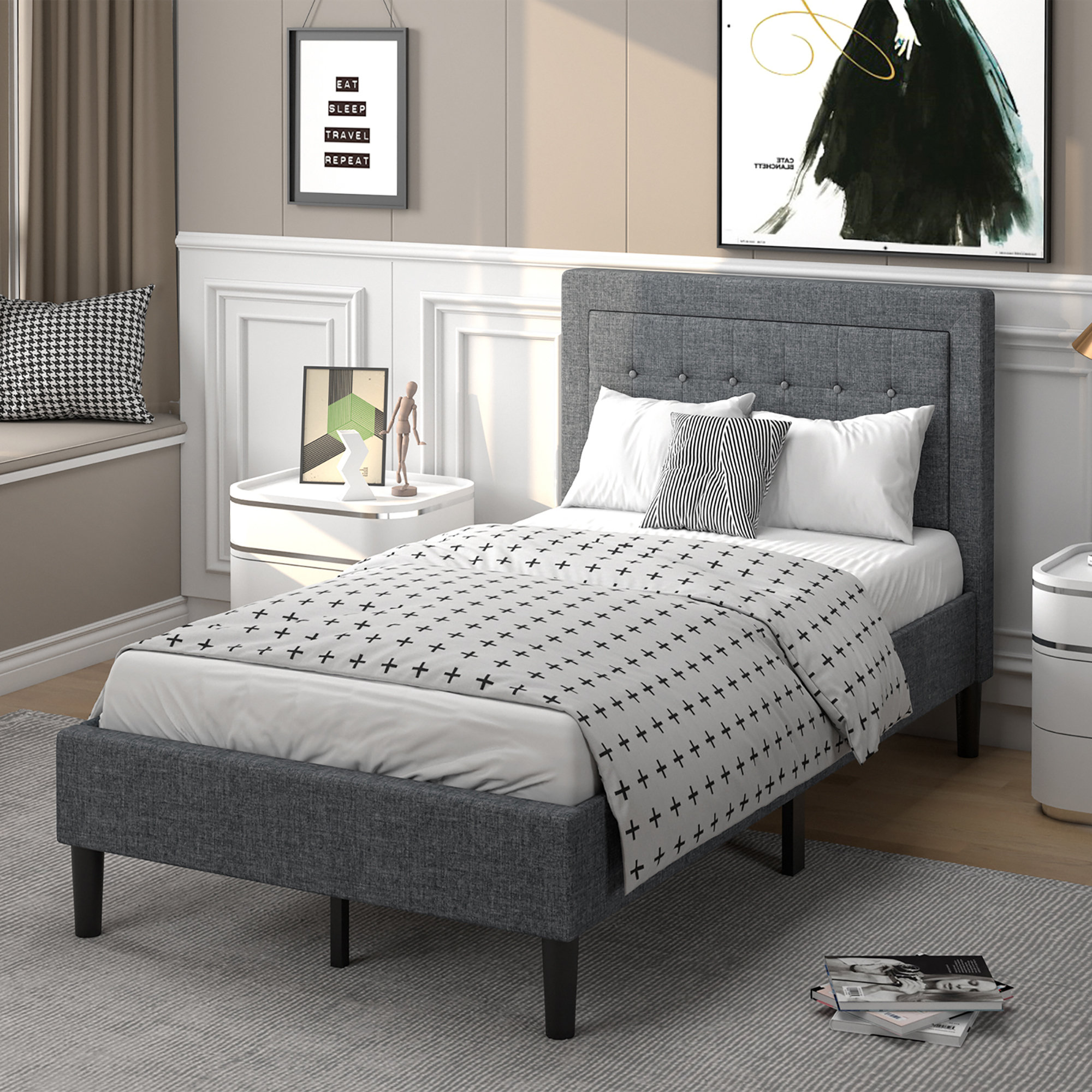 Latitude Run® Twin Size Upholstered Bed Frame Button Tufted